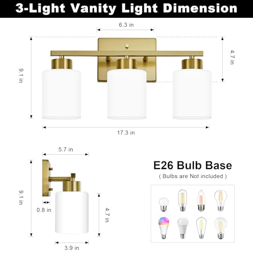 Image of FonmYim Brushed Gold Bathroom Light Fixtures, 3-Light Modern Vanity Light Over Mirror, Wall Sconces with Milky White Frosted Glass Shades, E26 Socket (Bulbs Not Included)
