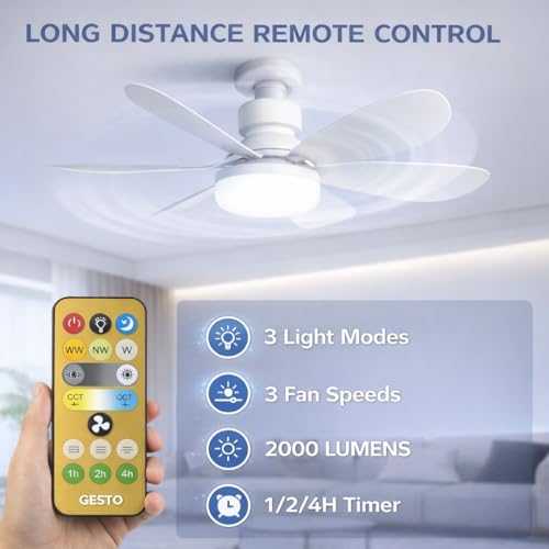 Image of Gesto Portable Ceiling Fan with LED Light | B22 Plug & Play Fan Light with Remote | 3 Speed Fan | 3 Color Light (3000K /4500K /6500K) | Ideal for Bathroom, Kitchen, Bedroom, Pooja Room, Small Office