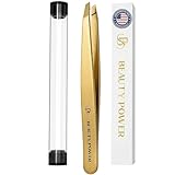 Beauty Power Tweezers for Women Facial Hair: Ultra Precision Tweezers for Women & Men, Sharp Slant Tweezer for Eyebrows, Ingrown Hair Removal. Professional Plucker + Case, German Stainless Steel Gold