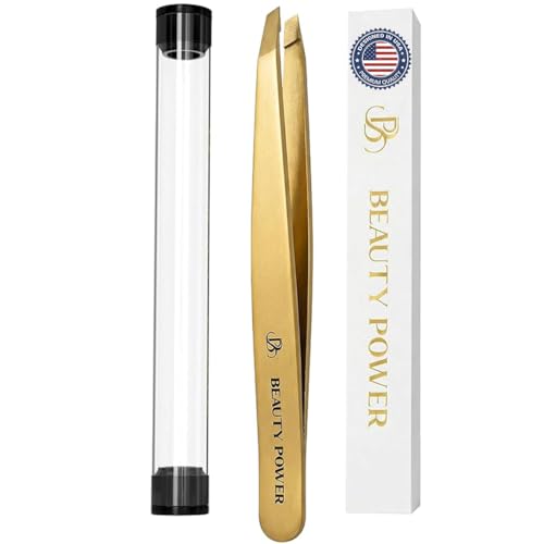 Beauty Power Tweezers for Women Facial Hair: Ultra Precision Tweezers for Women & Men, Sharp Slant Tweezer for Eyebrows, Ingrown Hair Removal. Professional Plucker + Case, German Stainless Steel Gold