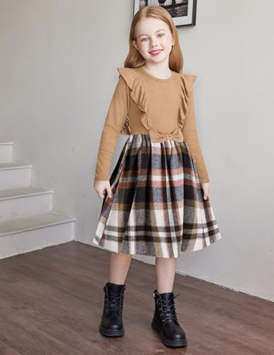 Arshiner Girls Fall Winter Dress Plaid Ribbed Ruffles Long Sleeve Dresses Cute Bowknot Little Girls Clothes 2-6 Years3
