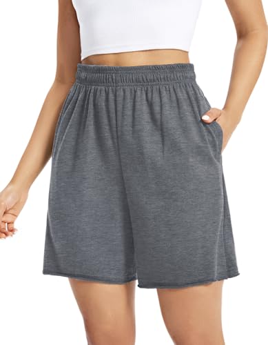 Auriviz Pantalones Cortos de algodón para Mujer, cómodos, Casuales, con cordón, para Entrenamiento, Descanso, Verano, Cintura Alta, con Bolsillos, Gris-Oscuro, S