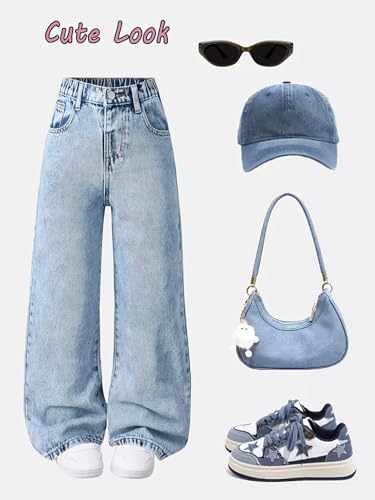 Girls Wide Leg Jeans Baggy Bow Embroidery High Elastic Waist Denim Pants Cute Y2K Trendy Tween Streetwear 8-16Y4