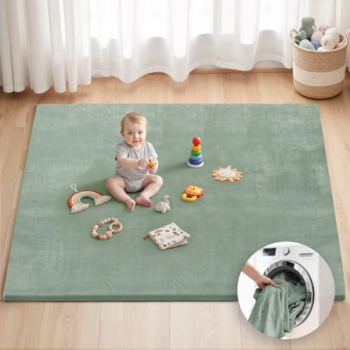 Image of Blissful Diary Ultra Soft Baby Play Mat, 71x59 Extra Large Floor Mat with Removable & Washable Slip-On Cover for Babies and Toddlers, Sage Green