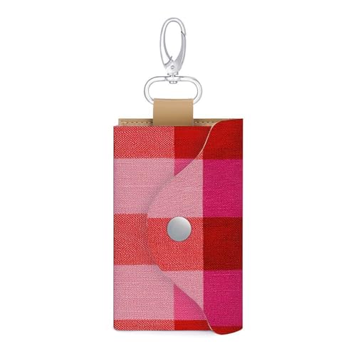 Pink And Vibrant Red Squares Pattern Key Holder Bag PU Leather ID Card Holder Keychains Case Cover for Men Women
