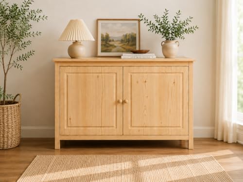 From the Tree Furniture 44 Wide Solid Pine Shaker Sideboard Buffet Cabinet Natural Unfinished 2 Doors Adjustable Shelf No Drawer Anti-Tip Included Stain-Ready for Dining Room & Kitchen