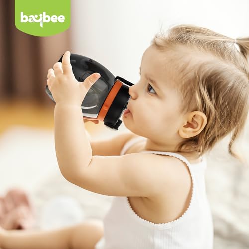 Image of Baybee Lovely Bunnies Kids Water Bottle 600ml | BPA Free & Leakproof Safe Sipper Bottle with Straw | Cute Rabbit Design Smooth Sipping with Handle & Neck Strap,Flip Lid for School Kids & Babys (Black)