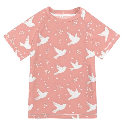 ALAZA Kids Rash Guard Girls Toddler Swim Shirts Short Sleeve White Flying Birds UPF 50+ 3T