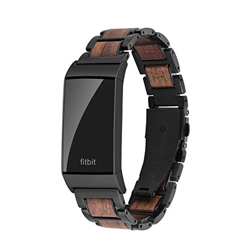 Ayeger Correa de madera compatible con Fitbit Charge 4/3, acero inoxidable de sándalo, repuesto de metal para reloj de mujer y hombre, correa de pulsera negra