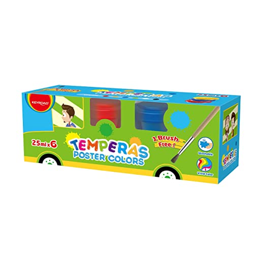 KEYROAD Temperafarben Plakatfarbe mit Pinsel / 6 x 25 ml/Farben: rot, gelb, blau, grün, weiß, schwarz/Malfarben Bastelfarben für Kinder