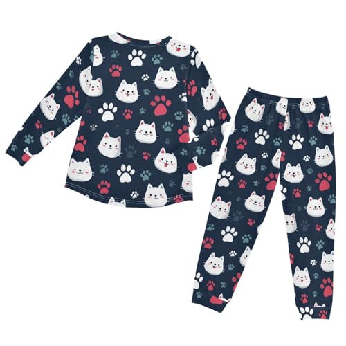 Long Sleeve Pajama Set for Girls Boys,Cats and Paws Pattern Comfy Crewneck Sleepwears,Soft Kid's Homewear Clothes Underwear Sets 8T2