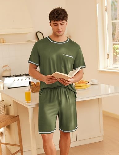 Image of Ekouaer Men's Pajamas Set Casual Short Sleeve Shirts and Shorts Soft 2 Piece Loungewear With Pockets