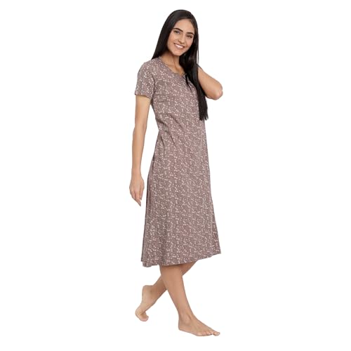 Image of BLAZON Women's Cotton Hosiery Elegant Maxi Nightdress with Lace Detailing, Floral Print, Pockets & Half Sleeves