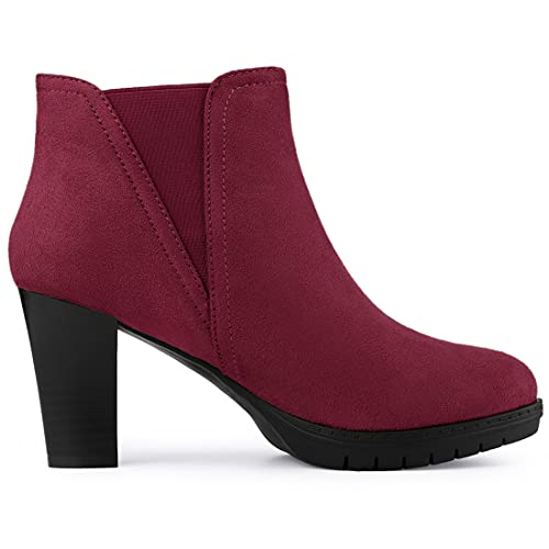 Allegra K Allegra K Women's Round Toe Block Heels Chelsea Burgundy Ankle Boots 5.5 M US