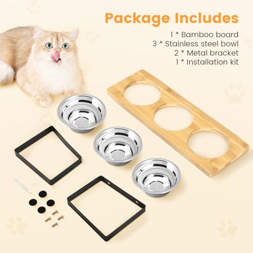 Cuencos inclinados para gatos con soporte, comedero elevado de madera para gatos y perros pequeños, incluye 3 cuencos de acero inoxidable para alimentos y agua