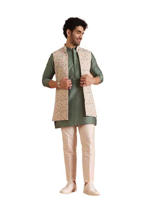 Kisah Cotton Blend Kurta Jacket Trouser Set For Men | Nehru Jacket Waistcoat Kurta Set With Trousers | Mens Ethnic Collections-Ka-0978-5569-T301-38-Multi