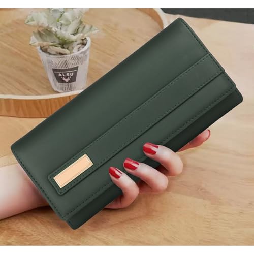 Image of ALSU Women's Hand Wallet Purse Clutch | Phone Pocket | Coin Compartment | Credit Card Slots| Zipper Pocket| Office use| Casual use| Faux Leather (Green)