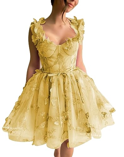 Robe de soirée en tulle pour mariage et gala chic robe dorée papillon 3D taille 44