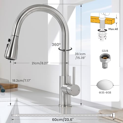 CECIPA Wasserhahn Küche, Hochdruck Küchenarmatur mit ausziehbar Brause, Armatur Küche mit zwei Sprühfunktionen, 360° schwenkbarer, Spültischarmatur mit einfacher Montage, Edelstahl Gebürstet