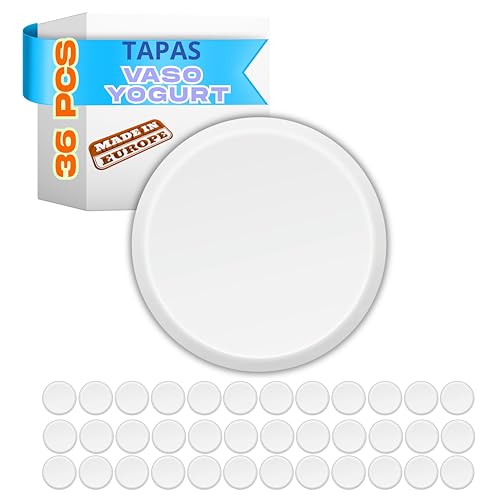 XILMARK 36 x Tapas Yogurt Reutilizables, compatibles con marcas comerciales, Vasos de Cristal para Yogurtera diámetro 56 mm, Tapas de Plástico para Botes Yogurtera, Vasos para Postres.