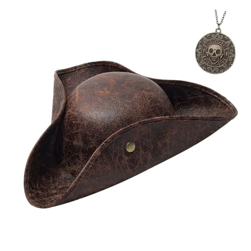 Pirate Hat for Woman Men Pirate Costume Accessories Renaissance Tricorn Hats with Necklace Halloween Adult Costume Accessory