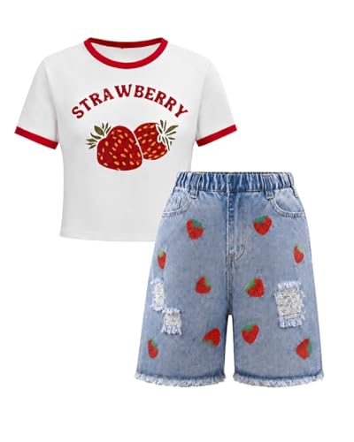 Image of Azmxynol Tween Girl Clothes Summer 2 Piece Outfit Set Trendy Tee Shirt + Denim Shorts, Size 7-16 Years