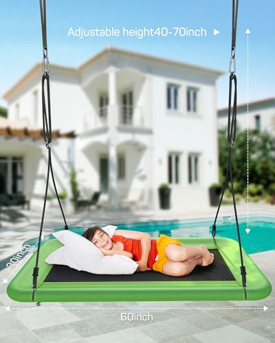 Image of Everyfun Tree Swing for Kids and Adults, 60 inch Waterproof Rectangle Platform Swing, 700lbs Heavy Duty with Adjustable Straps, Green