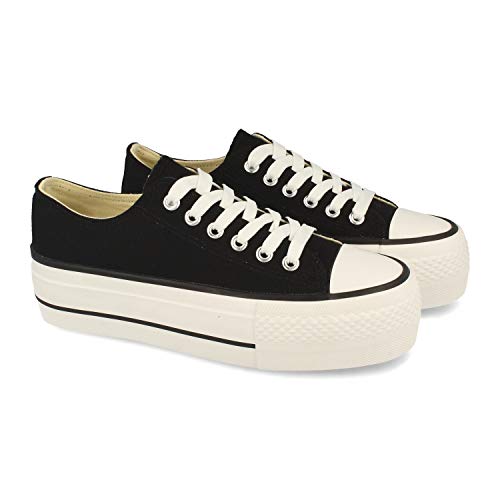 Zapatilla, Comodas, Material Textil de Lona, Estilo Bamba y Casual, con Plataforma, Cierre de Cordones, Primavera Verano 2021. Talla 38 Negro Cover
