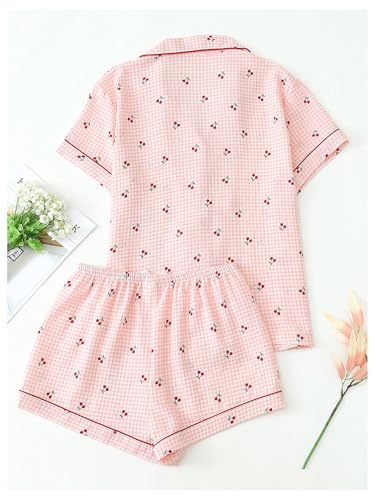 Image of BEAUDRM Women's Two Piece Pajama Sets Allover Print Short Sleeve Sleepwear Button Down Shirt and Bow Shorts Pj Set Loungewear