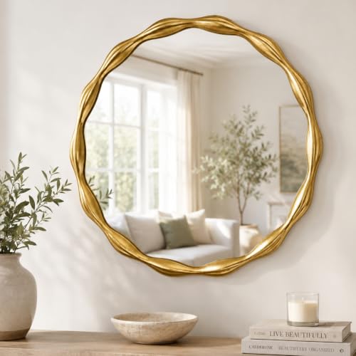Image of Saliwa 27 Inch Round Gold Wall Mirror with Wood Frame, Modern Decorative Circle Mirror for Bathroom, Bedroom, Living Room, Entryway, Vanity, Dresser and Home Decor