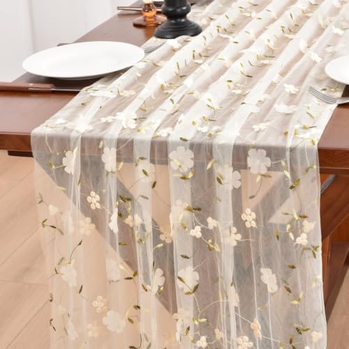 Beige Wildflowers Table Runner Gauze Floral Birthday Party Home Table Decor