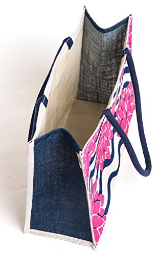 Image of H&B Jute Shopping Tote - Eco-Friendly Carry Bag for Grocery, Travel, Shoulder Handbag - Lotus Flower (Pack of 2 - White & Beige)