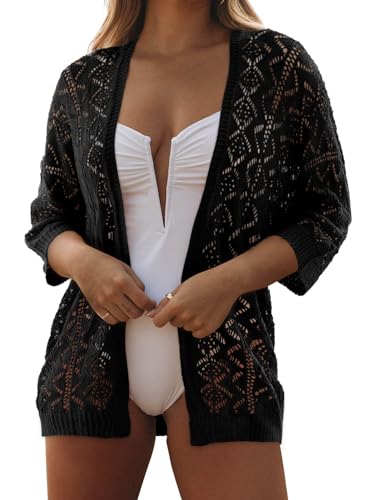 SHEWIN Summer Cardigan Sweaters for Women Lightweight 3/4 Sleeve Open Front Cropped Crochet Beach Cover Ups