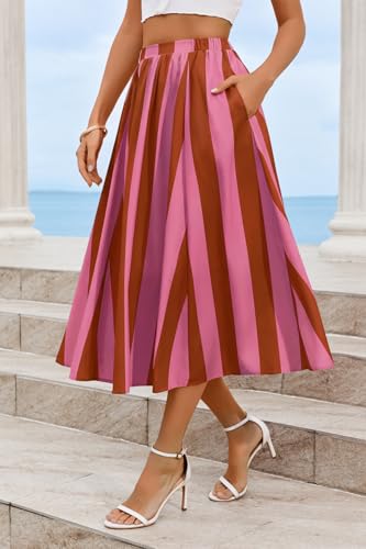 Image of Cicy Bell Womens Summer Striped Maxi Skirts A-Line Beach Vacation Outfits | Elastic Waist, Side Pockets, Flowy, Midi Length, Color Contrast, Trendy Casual