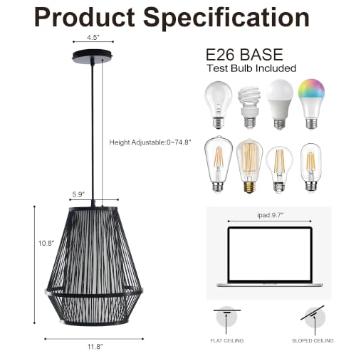 Image of Boho Pendant Light, Bamboo 12 inch Basket Hanging Light | Adjustable Height, Ceiling Light Fixture for Kitchen Islands, Dining Rooms, Bedrooms, Entryways, E26 Base