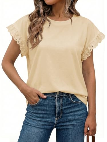 Image of Tankaneo Womens Summer Crewneck T-Shirts Lace Cap Sleeve Tops Dressy Casual Loose Fit Work Basic Tees Outfits 2026