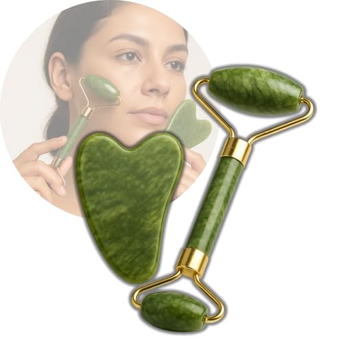 Kit Facial de Jade com Rolo e Gua Sha – Cuidados Diários com a Pele, Antienvelhecimento e Relaxamento