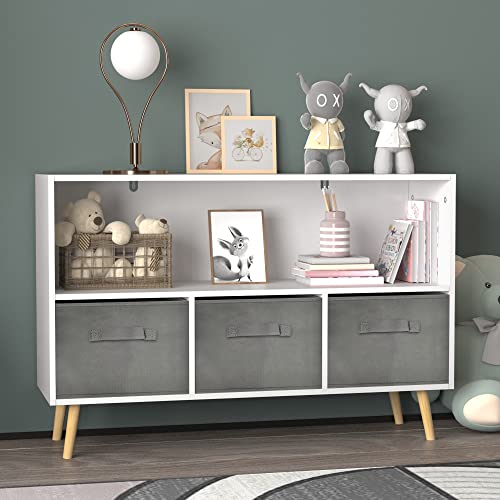 Image of GOAWGO Kids Bookshelf Toy Storage Organizer with Collapsible Fabric Drawers, Wood Children Bookcase, Toy and Book Storage Display Organizer for Playroom,Bedroom, Nursery School (White+Grey)