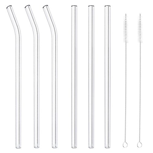 MIXIAO Handmade Glass Straws 8.5 in x 8 mm,Reusable Straws Set of 6 with 2 Cleaning Brush, Premium Glass - Healthy Eco Friendly, BPA Free, Very Sturdy - for Smoothie, Milkshake, Cocktail and Hot Drin