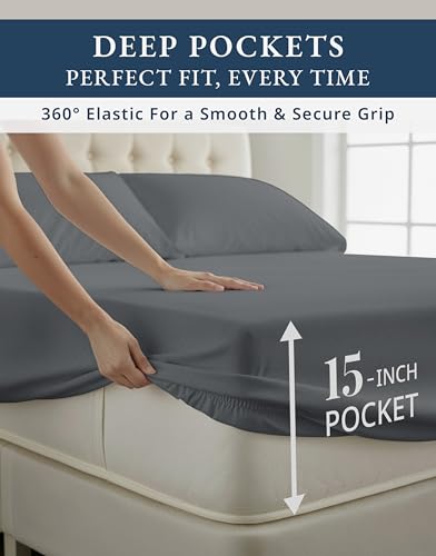 Image of LANE LINEN Split California King Sheets Egyptian Cotton Sateen - Charcoal | California King Size Sheets - 4-Piece Set, For A Luxurious Night's Sleep, For A Silky Hotel-Style Bed, Luxe Sheen