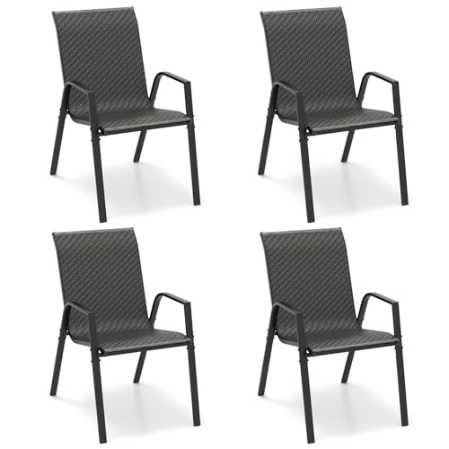 COSTWAY 4 sillas Jardin Exterior de Ratán, Sillas de Comedor Apilables con Asiento y Respaldo de Mimbre Tejido, Estructura Metálica Resistente, Sillas Terraza Exterior