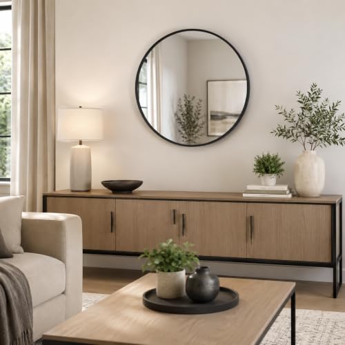 Image of USHOWER 2 Pack 30 Inch Round Bathroom Mirrors for Over Sink | Circle Mirror with Metal Frame, Black Wall Mirror Modern Decoration for Vanity, Entryway, Living Room, Hallway and Bedroom
