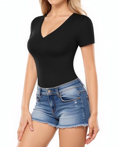 MANGOPOP Womens Deep V Neck Short Sleeve Slim Fit T Shirt Tops Tee2