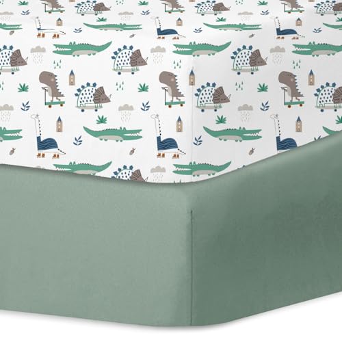 Image of Little Grape Land Crib Sheets for Girls and Boys, 2pk Baby Crib Fitted Sheet for Standard Size Crib and Toddler Mattress, Super Soft Baby Sheet, Green Dinosaur