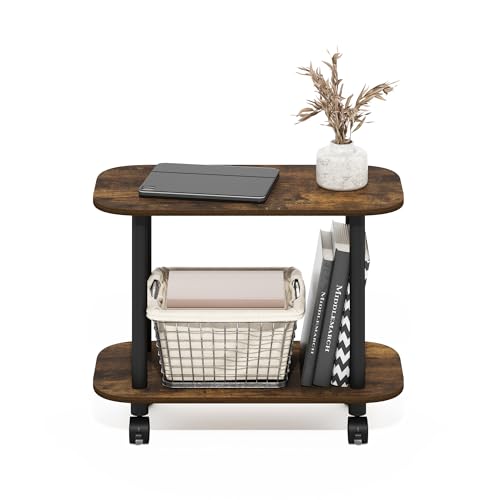 Image of Furinno Turn-N-Tube Side Table, 2-Tier Oval Sofa End Table with Wheels, Toolless Assembly Night Stand, Bedside Table with Open Shelf, for Living Room, Bedroom, Amber Oak