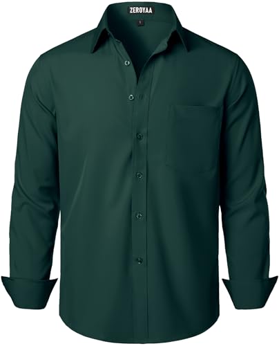 ZEROYAA Men's Regular Fit Dress Shirt Solid Wrinkle-Free Long Sleeve Casual Business Button Up Shirts with Pocket ZSSCL05-Dark Green Large