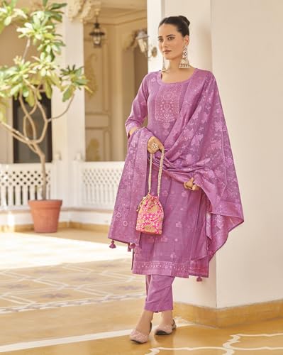 Image of Shaily Premium Silk Blend Woven Design Readymade Kurta with Pants and Dupatta Set | Ethnic Set | 3-Piece Suit Set | Haldi and Wedding Suit Set for Women