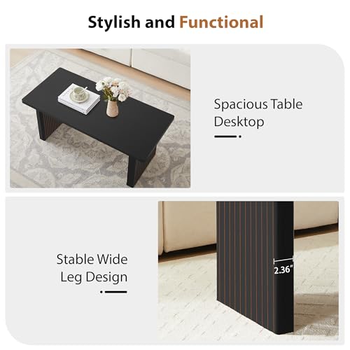 Image of Rectangular Fluted Coffee Table, Farmhouse Wood Coffee Table Mid Century Modern Center Table Boho Living Room Tables for Living Room Office (Black, 19.69 inch D x 43.3 inch W x 17.72 inch H)