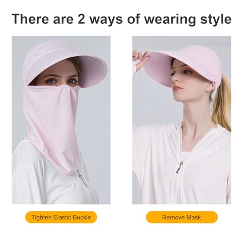 Image of Women Wide Brim Face Mask Sun Hat Detachable Neck Face Flap Ponytail UV Protection Visor Hat Garden Fishing Hiking