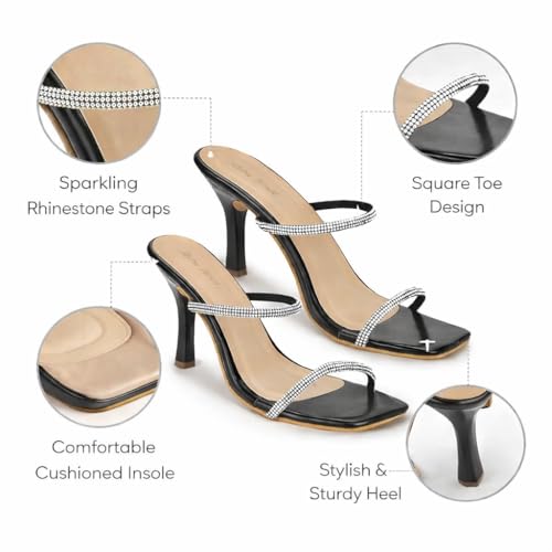 Image of Women's & Girls | Patent stylish Slip-On High Heels with Rhinestone Straps | Elegant Square Toe Fashion Sandals for Women | Comfortable Heeled Footwear for Weddings